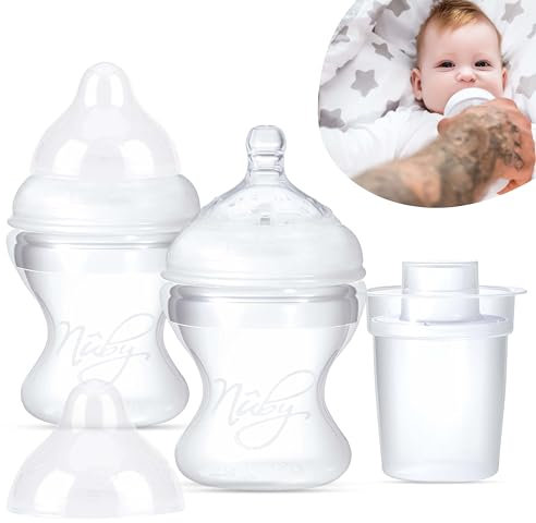 2 biberon in silicone da 150 ml con dispenser per latte in polvere da 100 ml, anti coliche, senza BPA, tettarella simile al seno, a prova di perdite, facile da pulire, set di biberon per neonati da 0
