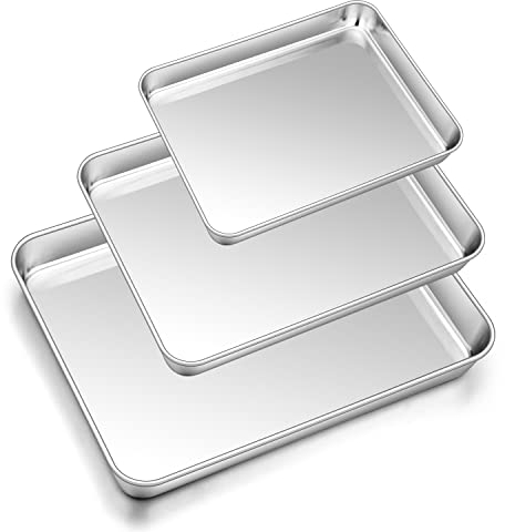 Herogo Baking Tray Set of 3, Stainless Steel Oven Tray Set, Professional Baking Roasting Cooking Serving Sheet Pan for Home Restaurant Hotel, Non-Toxic & Mirror Finish, Dishwasher Safe, Metal Silver