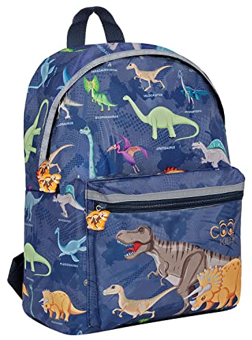 PERLETTI Mochila Portatil Niño Dinosaurio Azul - Pequeña Niños Guardería Viaje Tiempo Libre Bolsillo Frontal - Mini Mochila Infantil Ligera Ajustable - Cool Kids - 38x26x16cm (Dinosaurios)