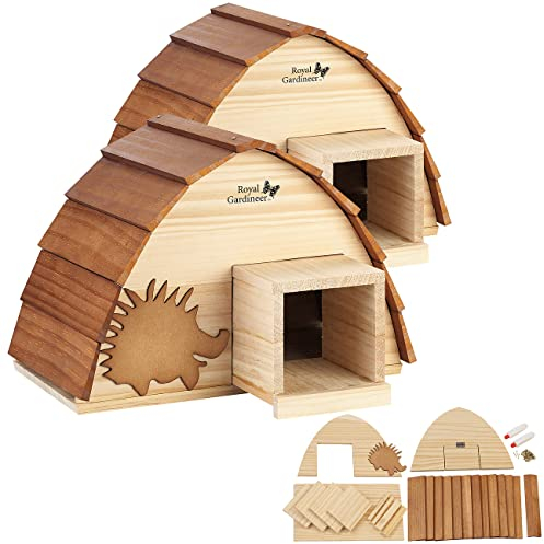Royal Gardineer Igelhaus-Bausätze Kinder: 2er-Set wetterfeste Igelhäuser mit Schindeldach aus Echtholz, Bausatz (Igelhaus mit Boden, Igelnester, Insektenhotel)