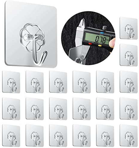 UBRAVE 20-pack kraftiga självhäftande krokar – 20 kg (max), självhäftande väggkrokar med rostfria krokar, genomskinliga, avtagbara och vattentäta, klibbiga krokar för kök, nycklar, badrum, handdukar