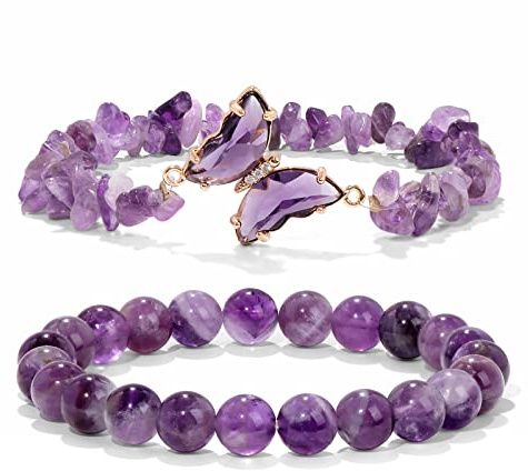 GolbalJew Natural Amethyst Bracelet For Women Butterfly Charm Healing Crystal Beads Bracelets Layered Jewelry Stone Beaded Bracelet Purple Gifts For Women