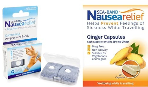 Sea-Band Travel & Motion Sickness and Nausea Relief, Ginger Capsules and Acupressure Wristbands Bundle, (1 x Pair of Adult Grey, 1 x Pack of Ginger Capsules, 20 Capsules)