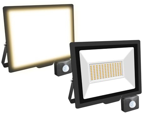 Willpower Faro LED Esterno 75W Faretti LED con Sensore di Movimento 3500K | 2PCS Proiettore LED 7,500lm, Bianco Caldo, Impermeabilità IP66, Luce di Sicurezza per Giardino Garage Cortile Patio Terrazza