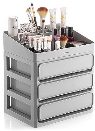 InnovaGoods - Make-up Organizer mit 3 Schubladen und 9 Fächern, Große Kapazität, Multifunktional für Kosmetik, Schmuck, Büromaterial, Einfache Reinigung, Grau, Polypropylen