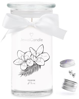jewelcandle JuwelKerze Fleur de Monoi Ohrringe Silber - Schmuckkerze 80- große Duftkerze im Glas mit Kokosnuss Duft - Kerze mit Schmuck - Geschenke für Frauen, Geburtstag