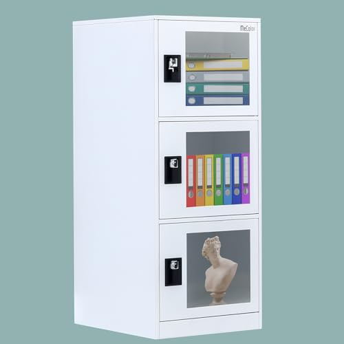MECOLOR Kleiner Aufbewahrungsschrank, Spind mit Vorhängeschloss-Riegel, Vitrine mit transparenten Türen, Verriegelbarer Stahlspind für Schlafzimmer, freistehender Schrank für Wohnzimmer