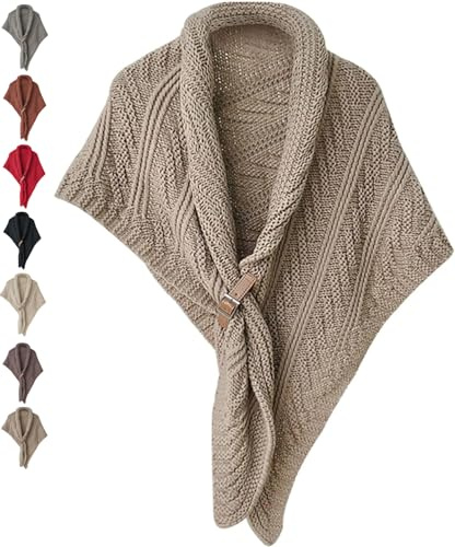 JASUBAI Multifunktionaler Dreiecksschal FüR Damen, Dreieckstuch Winter Warme Schal Und Wickel Beige Poncho, GehäKelter Schultertuch Umhang Dreieckstuch mit Lederschnalle (Khaki)