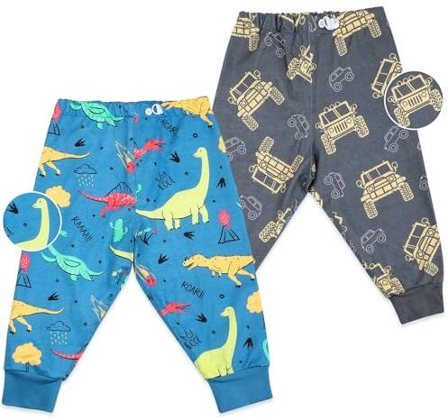 FLYISH DIRECT Pantalones de Entrenamiento Nino Algodón, Pantalones para Pañales Niño Reutilizables, Braguita de Entrenamiento Niño, 2 Piezas, Dinosaurios y Coches, XL, 7-9 años