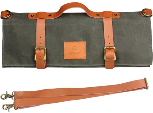 Waxed Canvas Chef Knife Roll Bag Knife Roll Bag with 11 Pockets Multi Function Knife Carrying Case with Handle and Shoulder Strap