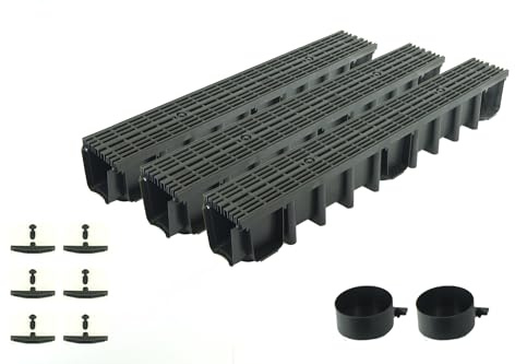 ScarMaxx - Set di grondaie di drenaggio da 3 m – grondaia – Scarico Acqua piovana – Scarico con griglia – Altezza A15 148 mm – Set Completo – Griglia longitudinale Line Nero – 13 x 300 x 14,8 cm