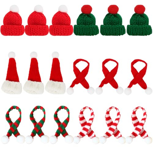 18 Stück Mini Weihnachtsmütze und Weihnachtsschal, Mini Mützen für Sorgenwürmchen, Kleine Nikolausmütze mit Schal für Deko Weihnachten Weinflasche, Weihnachtspuppen, Weihnachtsbäumen (2 Rot 1 Grün)