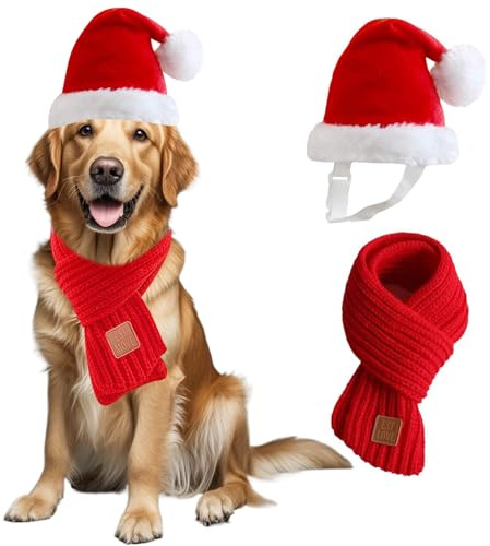 Wiz BBQT Weihnachtsmütze und Schal für Hunde, groß, rot, Plüsch/Acryl, klassisch, Uni, Winter, bequem und warm, 3D-Design, Hundezubehör, Weihnachten, 55+ Pfund, große Rassen