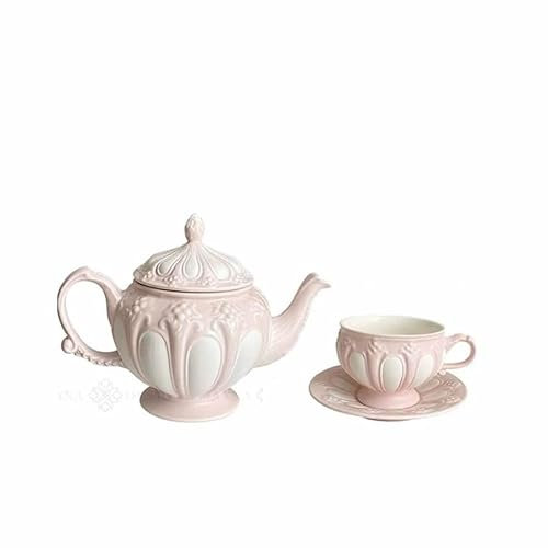 Teekanne und Tasse, Keramik, Retro, niedlich, Heimdekoration, Mädchen, Geschenk, Hauskleidung, europäisches Blumenrelief, Kaffee- und Tee-Set, 900 ml (rosa Teekanne und Tasse)