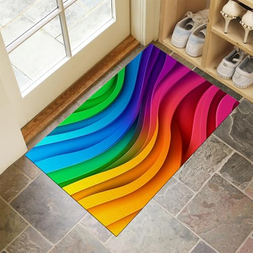 MULERN Fußmatte Außen Und Innen - 60X90Cm rutschfeste Schmutzfangmatte Türmatte, Waschbar Wetterfest Fussmatte, Aussen Für Haustür, Eingangsbereich, Garten Türmatte, Welle Bunter Regenbogen Teppich