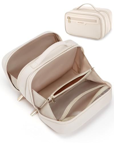 BAGSMART Kosmetiktasche Make-up Organizer Tasche Große Kulturbeutel Weit zu öffnende,für Toilettenartikel in Reisegröße,Zubehör,Flaschen,Bürsten,Beige