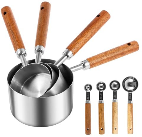 Juego de 8 vasos medidores y cucharas de 1,25/2,5/5/15/60/80/125/500 ml, cucharas dosificadoras con mango de madera, agujero para colgar, cucharas medidoras de acero inoxidable para cocinar, hornear,