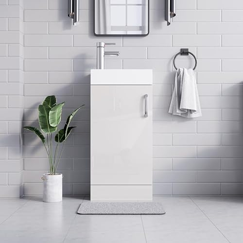 BELOFAY 400mm Floor Standing Bathroom Vanity Unit With Basin - Slim Waterproof Laquered Cloakroom Vanity Unit with 1 Tap Hole Ceramic Basin & Waste | Reversible Tap Fitting (New York White)