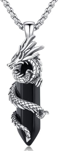 OHAYOO Drachen/Tiger Halskette Herren 925 Sterling Silber Drachen/Tiger Anhänger Kette Obsidian/Tigerauge Kette Wikinger Kette Drachen Schmuck Geschenk für Männer Frauen