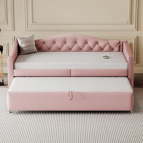 MQLAE Kinderbett Bettgestell 90x200 mit ausziehbares Bett 90x190, Polsterbett Holzbett Doppelbett Jugendbett Funktionsbett mit USB-Steckdose, Tagesbett Schlafsofa mit Lattenrost (Rosa)