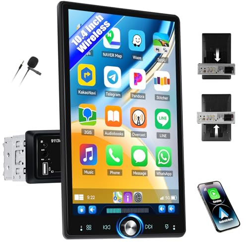 CAMECHO 10.4 Pouces 1 DIN Autoradio Rotatif Ecran Tactile avec Carplay sans Fil/Android Auto, Bluetooth 5.2 Mirror Link Radio Auto FM/RDS Mirror Link Supports USB/Carte TF/Entrée AUX