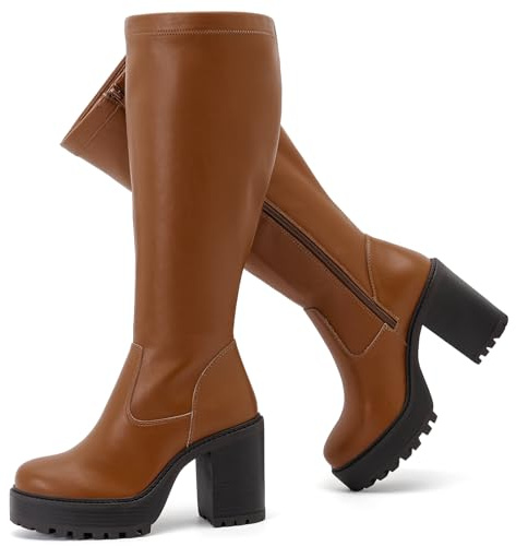 Ruiee Women's Extra Wide Calf Knee High Boots True Wide Width Platform Chunky Heeled Gogo Boots Rounded Toe Block Heel Tall Boot for Women.250369 Taupe PU Size9.5