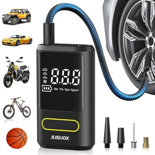 JUSUOX - Inflador de neumáticos portátil, bomba eléctrica para bicicleta con manómetro digital, bomba de aire inalámbrica de 150 PSI para neumáticos de coche, motocicleta, bicicleta, pelota con