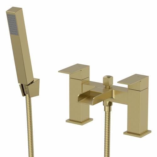 Architeckt® Dakota Bathroom Waterfall Bath Shower Mixer Tap Handset Hose Attachment Square Twin Lever Handle for Bathtub Modern, Brushed Brass