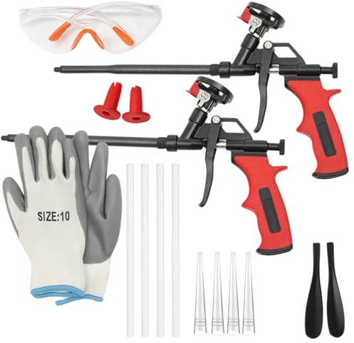Heavy Duty Spray Foam Gun Kit – Red Insulation Foam Set with 2 Dispensing Guns 10 Nozzles Safety Glasses Removal Tools and Gloves Complete Expanding Dispensing Tool for Professional Use