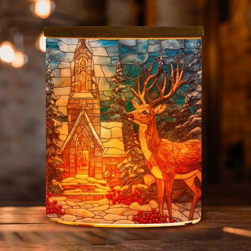 Holiday Decorative Stained Glass Tea Light Candle Jar, Merry Christmas Tealight Candle Holders with Bamboo Lid, Candle Candlestick for Thanksgiving Christmas Birthday (Christmas Elk Castle)