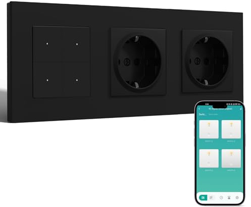BSEED Smart Zigbee Lichtschalter mit Normal Doppelt Steckdose, Lichtschalter Unterputz mit PC Rahmen, 4 Fach 1 Weg, kompatibel mit Alexa/Google Home, Zigbee Hub & Neutralleiter Erforderlich, Schwarz