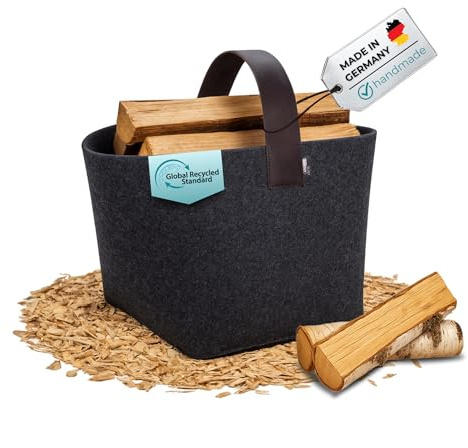 kontor28® - Kaminholzkorb aus Premium Filz 100% MADE IN GERMANY | Brennholzkorb Füllvolumen 60 L mit herausnehmbarem Boden | Feuerholzkorb mit Echtleder-Henkel, robust & standfest - Farbe Anthrazit