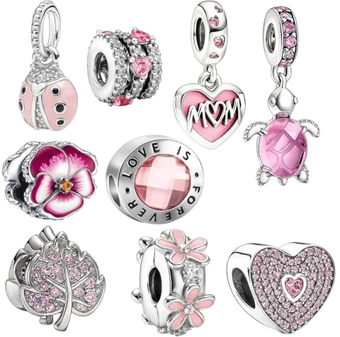 9 Pcs Pandora Charms, Charms for Pandora Bracelet, Pink Charm Bracelet Accessories, DIY Jewelry Making Kit, Gift for Women Girls Teens, Travel Theme Collectible Charms