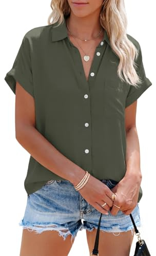 Cicy Bell Haut pour Femme, Manches Courtes, Rayures, col en V, Chemisiers à Carreaux, Hauts d'été, Boutonnage Descendant, T-Shirt décontracté, Vert Kaki, L