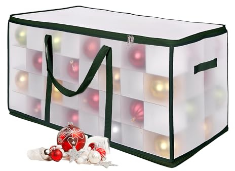 Caja de almacenaje Adornos navideños Relaxdays, 128 Bolas, 37x73x36 cm, plástico y cartón, Transparente/Verde