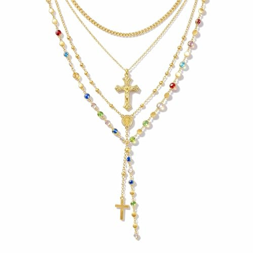 BelleFlair 4PCS Layered Gold Necklaces for Women, Bohemian Necklace Set with Colorful Beads, Vintage Rosary Y Long Pendant, Adjustable Gold Chain Choker with Cross for Women.