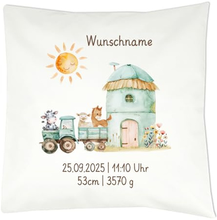 Elefantasie Personalisiertes Geburtskissen mit Bauernhof-Motiv, Geburtsdaten und Wunschname, Geschenk zur Geburt