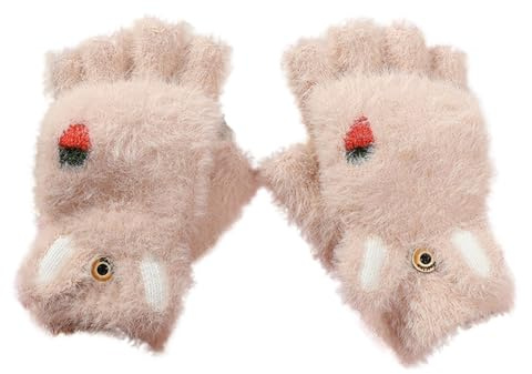 Handschuhe Kinder, Winterliche Gefütterte Kinderhandschuhe Mit Halben Fingern Cartoon-Motiven Warm Und Verdickt (Beige 2-7 Jahre)