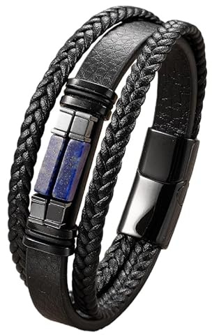 HUIANGLIYG Herren-Armband Aus Naturstein Und Leder, Schwarzes Geflochtenes Lederarmband Mit Magnetverschluss, Unisex-Manschette, Geburtstags-/Jahrestagsgeschenk Für Ihn, Papa, Freund