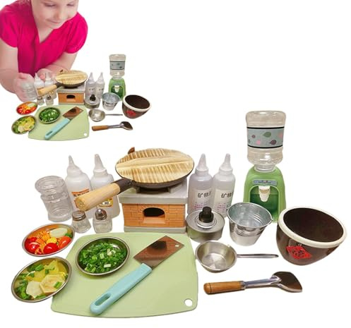 Ustensiles de Cuisine réels pour - Ensemble d'ustensiles de Cuisine et d'outils réels | Outils pour Aliments réels, Mini poêle, Casserole à Frire, Bouteilles d'assaisonnement |