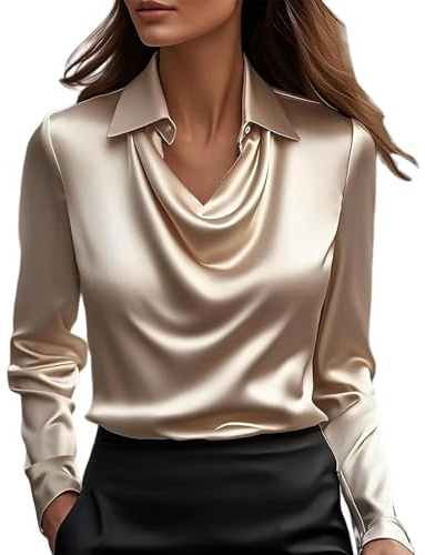 Elegante blusa de seda satinada con cuello vuelto para mujer, de manga larga, para oficina o trabajo, oro rosa, M