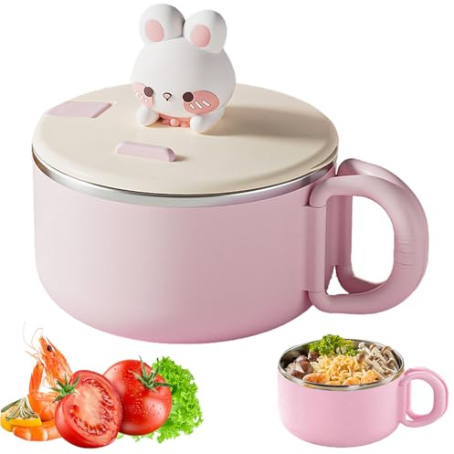 DUOHERESHUI Cuenco De Fideos Instantáneos, Cuenco De Ramen Instantáneo Con Tapa, A Prueba De Derrames, Inoxidable, Con Ranura Para Móvil, Para Sopa, Pasta, Ensaladas, Verduras, Fruta, 1200 Ml, Rosa