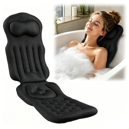 Badewannenkissen Ganzkörper 134×41 cm, Dickes Luxus-Badekissen mit Kopfstütze & Lendenstütze, Schnelltrocknendes Hautfreundliches Kissen für Nacken- & Schulterentlastung (Schwarz)