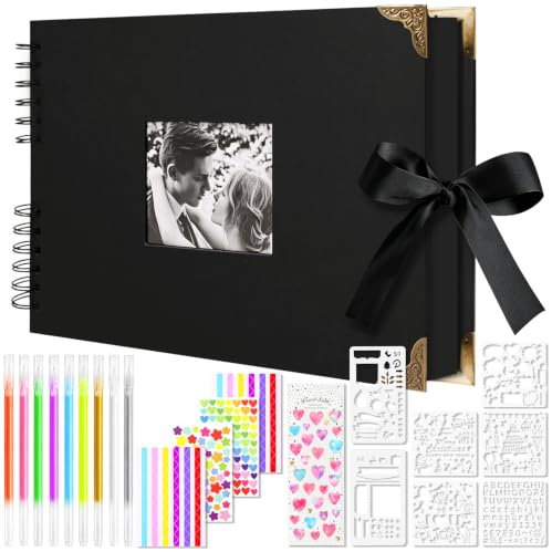 Fotoalbum zum Selbstgestalten, 30x21 cm Scrapbook 80 Schwarze Seiten | A4 Fotobuch Fotoalben Fotobuch zum Einkleben Gästebuch DIY Spiralalbum Set für Jahrestag Geburtstagsgeschenk