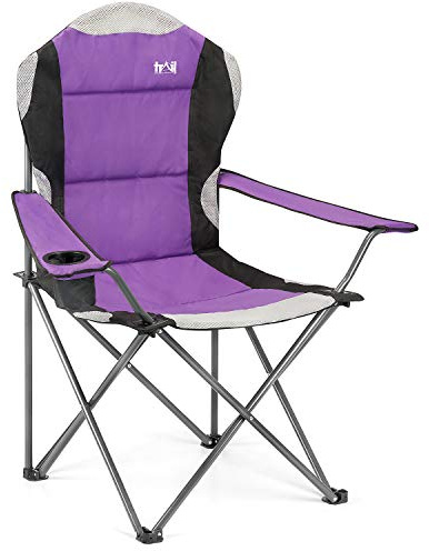 Trail High Back Folding Camping Chair, Luxury Padded Seat, Heavy Duty Tubular Steel, Cup Holder Armrest, Lightweight Portable, Outdoor Garden, Carry Bag