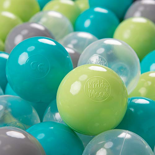 KiddyMoon 50 ∅ 7Cm Balles Colorées Plastique pour Piscine Enfant Bébé Fabriqué en EU, Turquoise/Vert Clair/Gris/Transparent