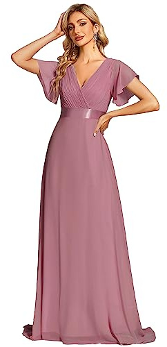 Ever-Pretty Women's Double V-Neck Short Flutter Sleeves Empire Waist Elegant Chiffon Long Evening Dresses 9890