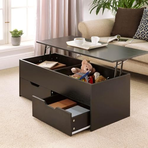 Home Source Lift Up Top Living Room Coffee Table, Pivoting Lid, Locking Support, 2 Large Storage Drawers, Black