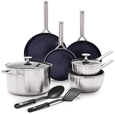 Blue Diamond Batterie de cuisine 11 pièces en acier inoxydable triple couche, compatible avec l'induction, céramique infusée de diamant, antiadhésive, sans PFOA et PFAS, passe au lave-vaisselle, passe