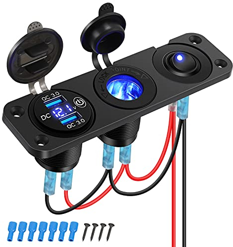 Thlevel QC 3.0 USB Steckdose Panel KFZ Auto Ladegerät mit LED Voltmeter ON/Off Schalter Zigarettenanzünder für Boot Wohnmobil Truck GPS Handy